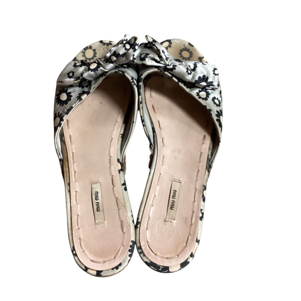 Y2K Miu Miu Bow Grey Floral Studded Wood Platform Sandals Shoes 36 - Picture 3 of 5